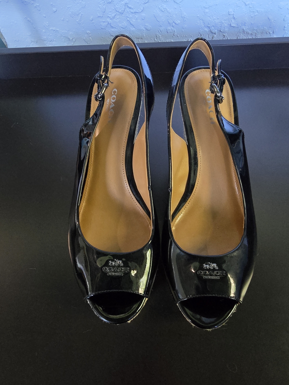 Coach Women's Black Patent Leather Slingback Peep-Toe Espadrilles Heels Size 8.5